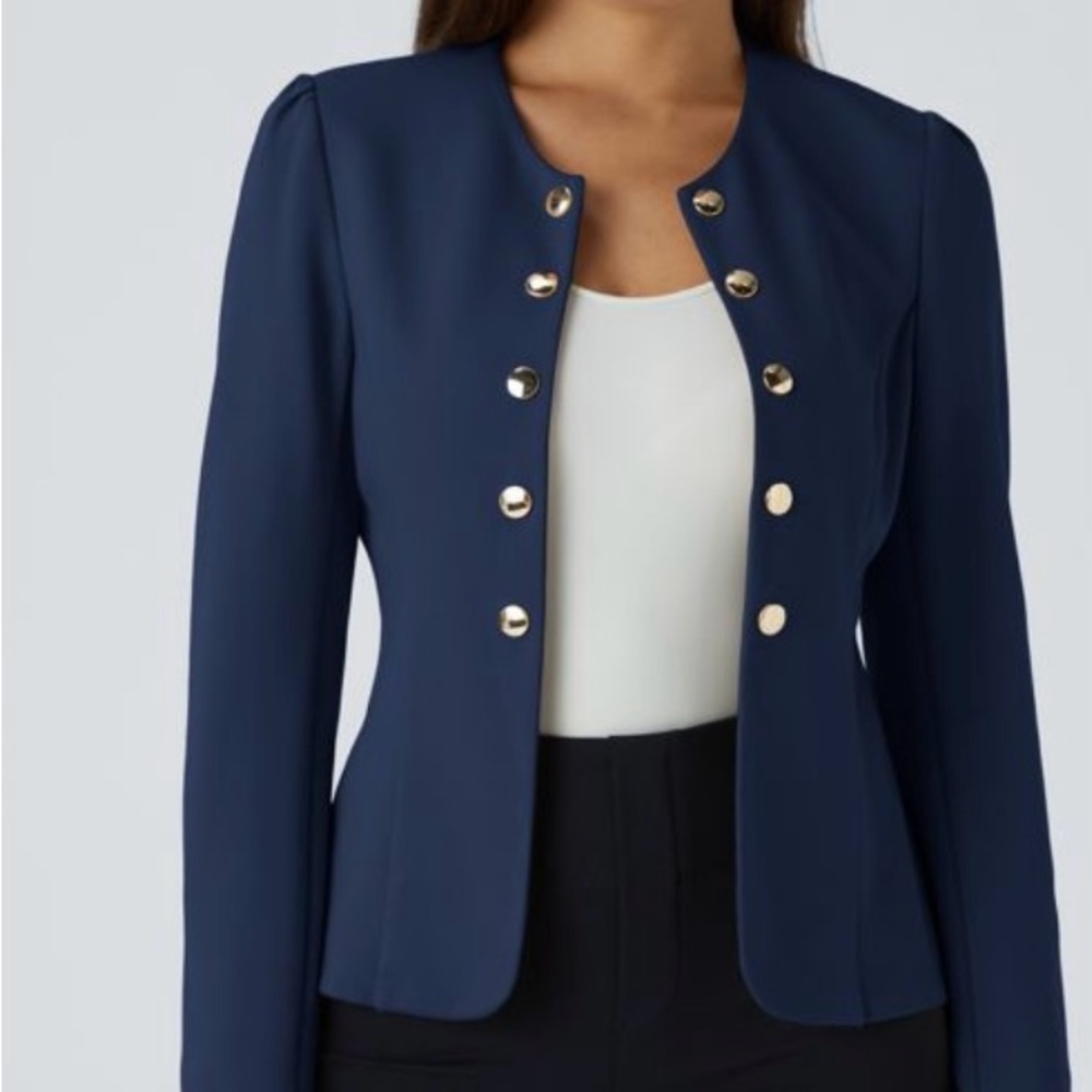 Halara Round Neck Navy Blue Slim Buttoned Women's Jacket  L LARGE NWT Stretchy